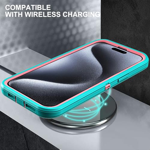 YKHJKLEC for iPhone 15 Pro Case, Military Grade 3 in 1 Heavy Duty Shockproof/Drop Proof/Dust Proof Case with 2Pcs Tempered Glass Screen Protector (Aqua Blue/Pink) - color: Aqua Blue/Pink