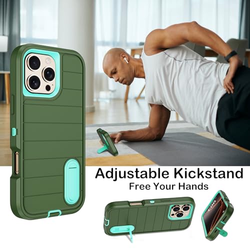for iPhone 16 Pro Case with Screen Protector,Built-in Invisible Kickstand,Heavy Duty Shockproof Drop Protection Military Grade Tri-Layer Rugged Durable Cell Phone Cover for Apple 16 Pro 6.3"(Green) - color: Green