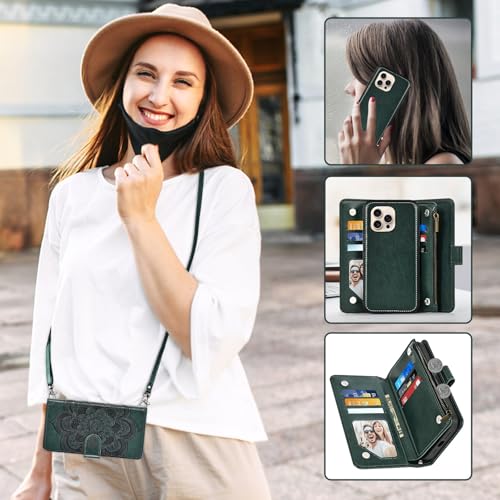 Asuwish Phone Case for iPhone 16 Pro 6.3 inch Zipper Wallet Detachable Cell Cover with Tempered Glass Screen Protector Crossbody Lanyard Strap Flower Card Holder i Phone16 i16 16Pro Women Dark Green - color: Dark Green