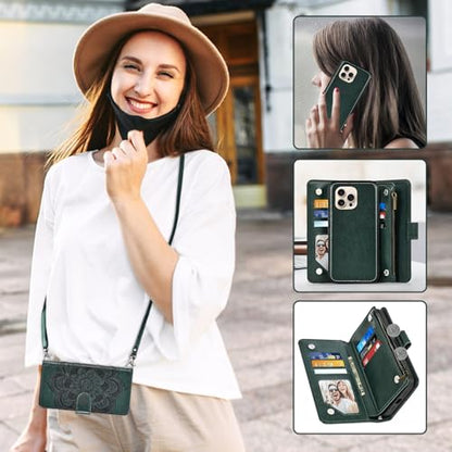Asuwish Phone Case for iPhone 16 Pro 6.3 inch Zipper Wallet Detachable Cell Cover with Tempered Glass Screen Protector Crossbody Lanyard Strap Flower Card Holder i Phone16 i16 16Pro Women Dark Green - color: Dark Green