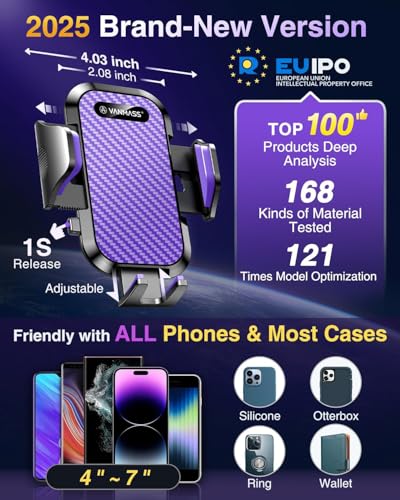 VANMASS Car Phone Holder Ultimate Military-Grade Strongest Suction & Clip Windshield Dash Best Strongest Cell Phone Automotive Dash Gauge Accents for iPhone 18 Pro Max 17 16 15 14 Purple - color: Purple