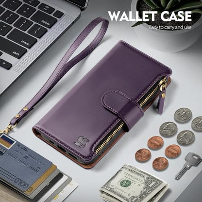 Shieldtop Compatible with Samsung Galaxy S23 5G Wallet Case with Card Holder,Women Men RFID Blocking PU Leather Flip Cover Wrist Strap Zipper Credit Card Slots,Phone Case for S23 5G 6.1",Dark Purple - color: Dark Purple, size: Galaxy S23 - 6.1"