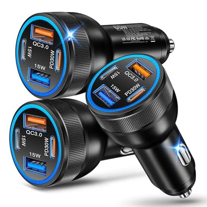 USB C Car Charger, 3Pack 65W 4-Port Dual USBC & USB-A Car Charger Adapter