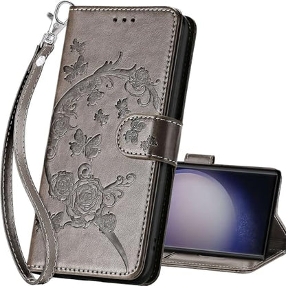 for Samsung Galaxy S24 Ultra Wallet case, Gray Flower | 3 Card Holders, Kickstand, Shockproof TPU Shell, PU Leather, Magnetic Closure, Protective Flip Folio Cover, Women - color: 9