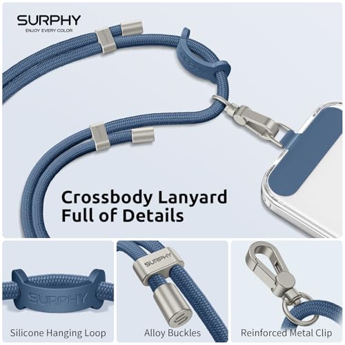 SURPHY Phone Lanyard Crossbody, Phone Strap Crossbody with 2 Tether Tabs - color: Denim Blue