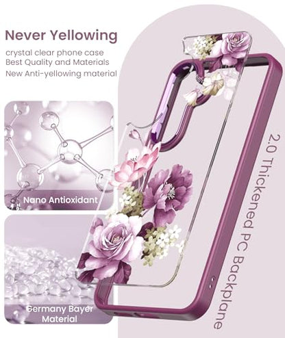 Crystal Clear Flower Pattern Case for Samsung Galaxy S26 FE-Purple | Girl Women Slim Soft TPU + Hard PC Military Grade Protective Phone Cover WithTempered Glass Screen Protector for S26 FE - color: S26 FE-Purple