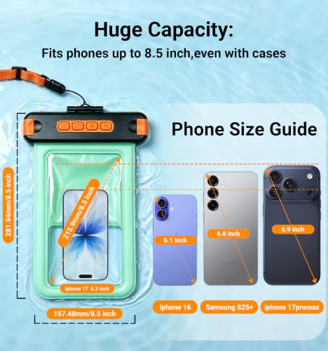 IP68 Bluetooth Shutter Waterproof Phone Pouch Case,Floating,Green | Hands-Free Photo & Video Underwater Control.Large Waterproof Phone Case Universal Fit for 8.5" Phone(iPhone Samsung Google) - color: Green