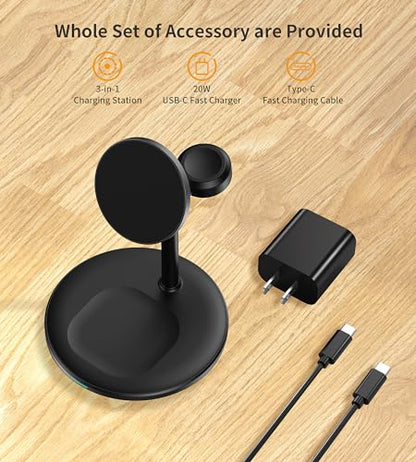 3 in 1 Wireless Charging Station for Apple Devices, Standard 15W Fast Wireless Mag-Safe Charger Stand with 20W Adapter for iPhone 15 14 13 12 Pro Max/Plus/Pro/Mini,iWatch Ultra 1,2 Series 9, AirPods - color: Black