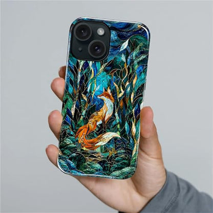 Case Compatible with iPhone 15 Plus, Cute Dual Layer Hybrid Phone Cover, Military Grade Drop Protection, Aesthetic Shockproof Phone Case for Women Girls, Woodland Fox Stained Glass - color: Woodland Fox Stained Glass, size: Iphone 15 Plus