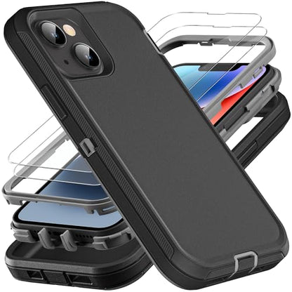 YKHJKLEC iPhone 13/14 Military Grade Case, 3 in 1 Heavy Duty Shockproof/Drop Proof/Dust Proof With 2Pcs Tempered Glass Screen Protector (Black/Grey) - color: Black/Grey