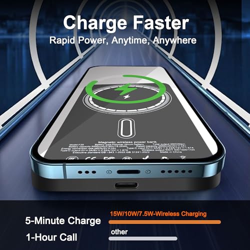 Magnetic Portable Charger 5000mAh, 15W Ultra Slim Wireless Portable Charger, Fast Charging for iPhone 17/16/15/14/13/12 Pro/Pro Max/Plus, Metal Shell, USB-C Cable to Charge Other Phones (Grey) - color: Grey