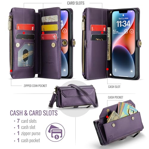 Strapurs Wallet Case Compatible with iPhone 14 RFID Blocking 7-Card Holder Soft PU Leather Magnetic Snap Shoulder Strap Zipper Pocket Phone Case Fit for iPhone 14 for Women 6.1" - Purple | RFID Blocking 7-Card Holder, Shoulder Lanyard, Wirst Strap, Zipper