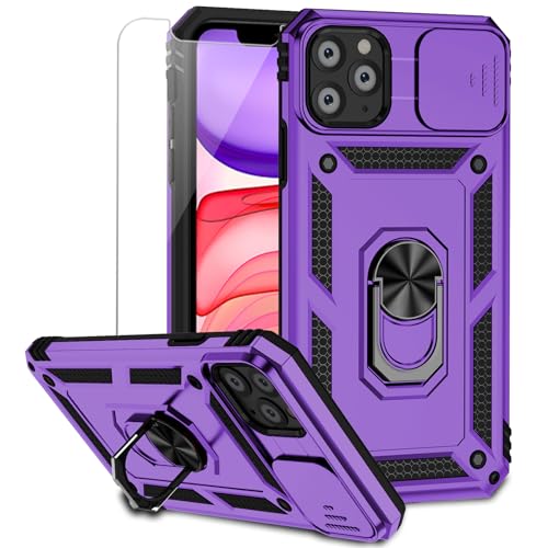 for iPhone 11 Pro Case with Camera Lens Cover HD Screen Protector, Dual Layer Military Grade Drop Protection Magnetic Ring Holder Kickstand Protective Phone Case for iPhone 11 Pro 5.8 inch (Purple) - color: Purple with camera cover Military-Grade 2nd gen