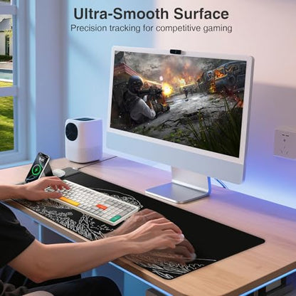 Wireless Charging Mouse Pad with Phone Holder, 31.5"x15.8" in, Black Wave - color: Black Wave-Phone Holder-31.5"x15.8"