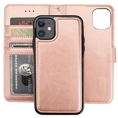 Bocasal Detachable Wallet Case Card Holder for iPhone 11, Rose Gold | Kickstand Card Slots Holder PU Leather Magnetic Shockproof Wrist Strap Removable Flip Protective Cover 6.1 inch - color: Rose Gold