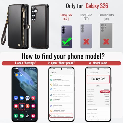 Defencase for Galaxy S26 Case Wallet Compatible with Magsafe 6.3", Black | Magnetic Detachable, with RFID Bolcking Card Holder, Zipper Strap, PU Leather Drop-Proof Phone Cover for Samsung Galaxy S26 - color: (Detachable with Magsafe)-Black