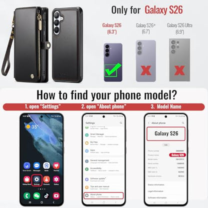 Defencase for Galaxy S26 Case Wallet Compatible with Magsafe 6.3", Black | Magnetic Detachable, with RFID Bolcking Card Holder, Zipper Strap, PU Leather Drop-Proof Phone Cover for Samsung Galaxy S26 - color: (Detachable with Magsafe)-Black