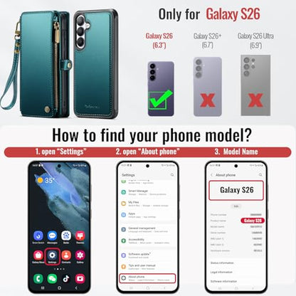 Defencase for Galaxy S26 Case Wallet Compatible with Magsafe, Blue Green | Magnetic Detachable, with RFID Bolcking Card Holder, Zipper Strap, PU Leather Drop-Proof Phone Cover for Samsung Galaxy S26 - color: (Detachable with Magsafe)-Blue Green