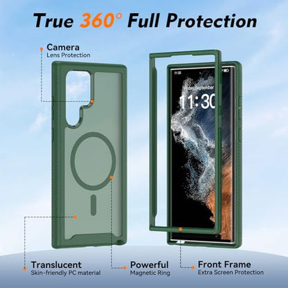 for Samsung Galaxy S22 Ultra Case Magnetic, Compatible with Magsafe 6.8-Inch Slim Fit 360 Heavy Duty Protector Wireless Charging Shockproof Anti-Slip TPU and PC Protective Phone Cover, Green - color: Green