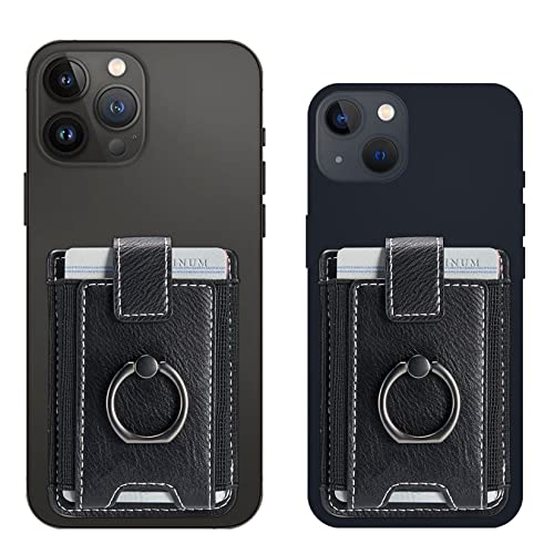 2Pcs RFID Leather Card Holder for Phone, Stick-On Wallet with Ring | Phone Wallet Stick On Back Of Phone Case. Adhesive For iPhone Wallet Holds Credit Cards/ID/Pockets. Viewing Freely Ring Stand - color: Black+Black