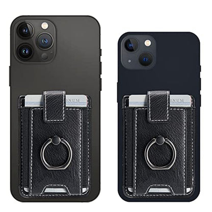 2Pcs RFID Leather Card Holder for Phone, Stick-On Wallet with Ring | Phone Wallet Stick On Back Of Phone Case. Adhesive For iPhone Wallet Holds Credit Cards/ID/Pockets. Viewing Freely Ring Stand - color: Black+Black