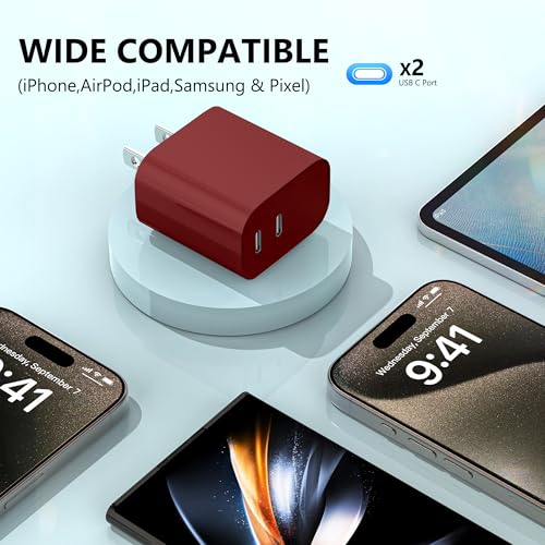 USB C Charger Block 3 Pack, Dual Port 20W Fast Wall Plug (Red) - color: Red
