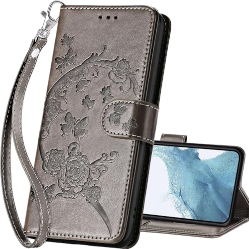 for Samsung Galaxy S23 Wallet case, Gray Flower | 3 Card Holders, Kickstand, Shockproof TPU Shell, PU Leather, Magnetic Closure, Protective Flip Folio Cover, Women - color: 9