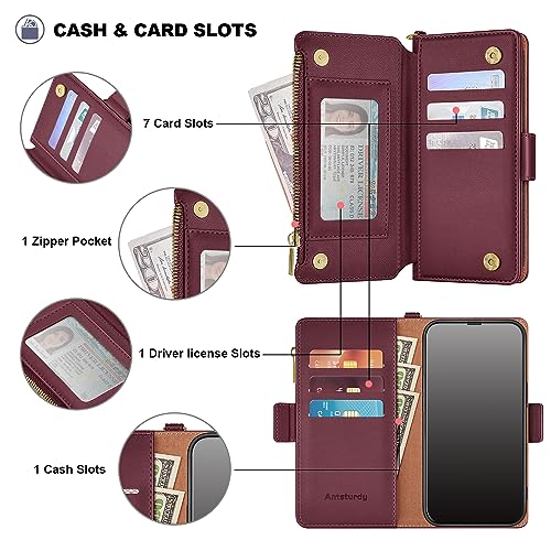 Antsturdy for iPhone 14 Pro Phone Wallet Case Women,Wine Red | RFID Blocking,with Credit Card Holder Slots,PU Leather Purse,Zipper Pocket,Wrist Strap Kickstand,Flip Folio Cover for Men - color: Wine Red