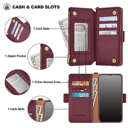 Antsturdy for iPhone 14 Pro Phone Wallet Case Women,Wine Red | RFID Blocking,with Credit Card Holder Slots,PU Leather Purse,Zipper Pocket,Wrist Strap Kickstand,Flip Folio Cover for Men - color: Wine Red