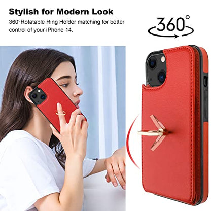 Folosu Compatible with iPhone 14 Case Wallet with Card Holder, 360°Rotation Finger Ring Holder Kickstand, RFID Blocking Leather Protective Double Buttons Shockproof Cover 6.1 Inch Red - color: Red, size: iPhone 14