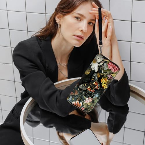 Ladies Wallet,Clutch Purses for Women Wallets Leather Credit Card Holder for Women Wristlet Slim Small Cute with Zipper,Thin RFID Blocking with Wrist Strap,Butterfly Flower - color: Butterfly Flower