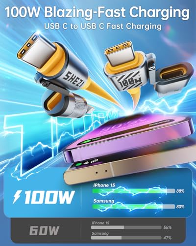 4 in 1 USB C Cable Lightning Cable,100W Fast Charging & Data Transfer - color: Yellow, style: 100W