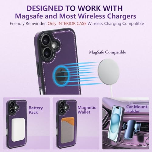 2 in 1 PU Leather for iPhone 16 Leather Case, Detachable Wallet Case with Card Holder, Removable Flip Folio Cover with RFID Blocking, Stand Shockproof Phone Cover（Compatible with MagSafe） Purple - color: Purple, size: Iphone 16