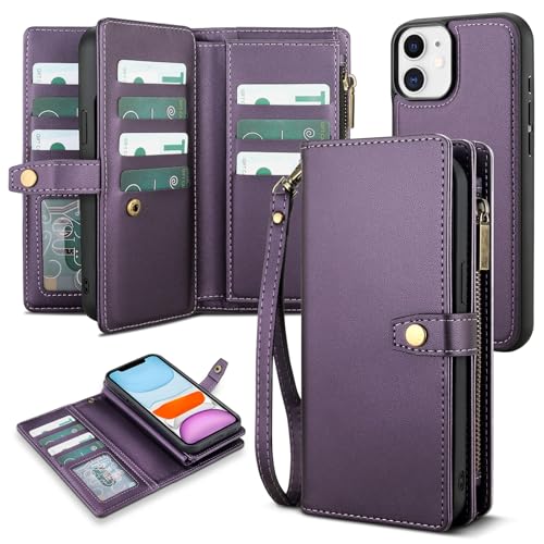 TwoHead for iPhone 11 Wallet case with 11 Card Holder (Deep Purple) | Detachable Magnetic Phone Case, PU Leather Wallet for Women/Men,Wireless Charging Compatible,with Wrist Strap - color: Deep Purple