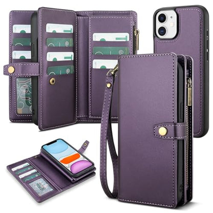 TwoHead for iPhone 11 Wallet case with 11 Card Holder (Deep Purple) | Detachable Magnetic Phone Case, PU Leather Wallet for Women/Men,Wireless Charging Compatible,with Wrist Strap - color: Deep Purple