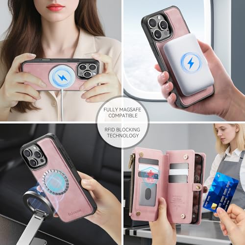 Defencase for iPhone 16 Pro Max Case Wallet Compatible with Magsafe, Pink | Drop-Proof Magnetic Detachable Phone Cases Cover, with RFID Bolcking Card Holder, Zipper Strap, PU Leather, Removable Wallet - color: (Detachable with Magsafe)-Pink