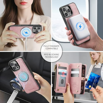 Defencase for iPhone 16 Pro Max Case Wallet Compatible with Magsafe, Pink | Drop-Proof Magnetic Detachable Phone Cases Cover, with RFID Bolcking Card Holder, Zipper Strap, PU Leather, Removable Wallet - color: (Detachable with Magsafe)-Pink
