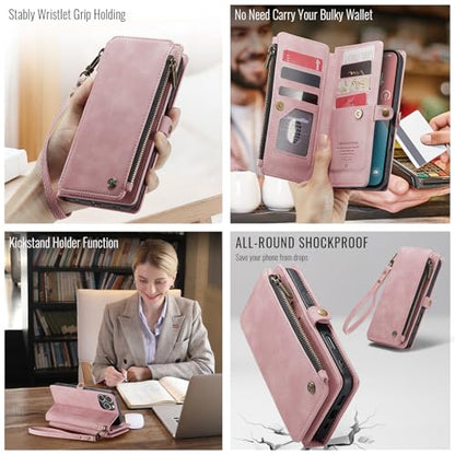 Defencase for iPhone 16 Pro Max Wallet Case with RFID Card Holder, Rosepink | Durable Soft PU Leather, with Zipper Pocket, Wrist Strap, Fashion Snap Flip Phone Cases Cover with Stand for Women and Men - color: Pink