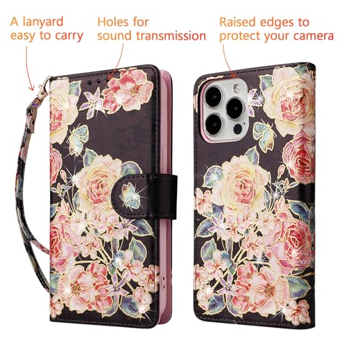 UEEBAI Wallet Case for iPhone 15 Pro, PU Leather Phone Cover Kickstand RFID Blocking Flip Case Card Slots Wrist Strap Relief Engraved Pattern Magnetic Closure Flower Folio Wallet, Black Rose - color: Black Rose, size: iPhone 15 Pro
