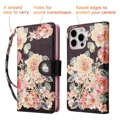 UEEBAI Wallet Case for iPhone 15 Pro, PU Leather Phone Cover Kickstand RFID Blocking Flip Case Card Slots Wrist Strap Relief Engraved Pattern Magnetic Closure Flower Folio Wallet, Black Rose - color: Black Rose, size: iPhone 15 Pro