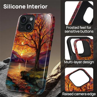 Magnetic Phone Case for iPhone 15 Plus,Compatible with MagSafe,Durable 2 Layers Full Covered Shockproof Protective Cover-Stained Glass Sunrise Fall Leaves - color: Stained Glass Sunrise Fall Leaves, size: iPhone 15 Plus
