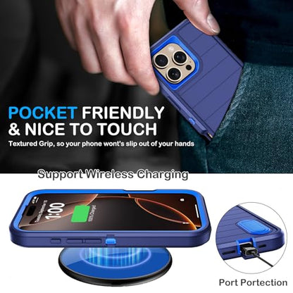 for iPhone 16 Pro Case with Screen Protector,Built-in Invisible Kickstand,Heavy Duty Shockproof Drop Protection Military Grade Tri-Layer Rugged Durable Cell Phone Cover for Apple 16 Pro 6.3" (Blue) - color: Blue