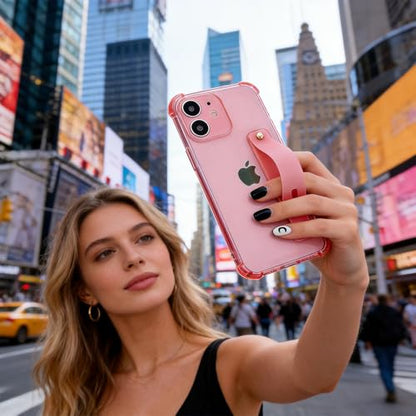 Compatible for iPhone 12 Case with Strap Holder Stand - Pink | Wristband Kickstand, Clear Soft TPU, Adjustable Finger Hand Grip Loop, Shockproof Bumper Rugged Cover - color: Chalk Pink, size: iPhone 12 6.1"