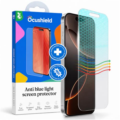 Ocushield Anti Blue Light Tempered Glass Screen Protector of iPhone 16 Pro(6.3") – Blocks Blue Light, Prevents Eye Strain & Helps You Sleep Better, 9H Hardness & Case Friendly - size: iPhone 16 Pro(6.3")
