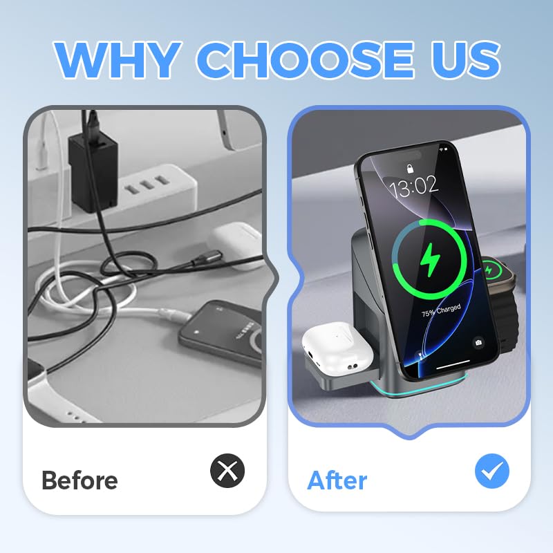 3-in-1 Wireless Charger-Wireless Multi-Device Charging Touch Pop-up Charging, 2025 New Multi-Device Touch Pop-Up Charging Station, Auto Rotation Magnetic Charging Stand (White) - color: White