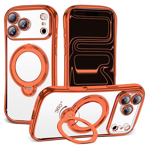 Clear Phone Case for iPhone 17 Pro Max 6.9", Orange | Compatible with iPhone 17 Pro Max Case with 360° Rotatable Magnetic Ring Stand Camera Lens Protector Plating Mag-safe Case - color: Orange, size: Iphone 17 Pro Max