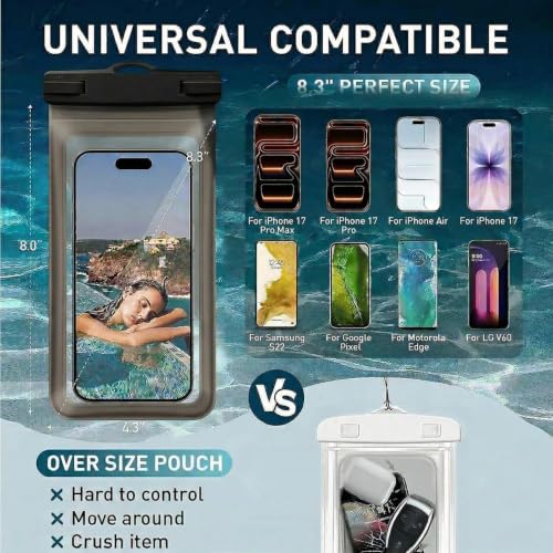 Waterproof Phone Pouch for iPhone 17 16 15 Pro Max IPX8 Clear Black | Card Pocket, Lightweight, Large Cellphone Dry Bag, IPX8 Rated, Beach Essential, Cruise Ship, 1 Pack, 8.3 inch - color: A6-Translucent black -1 pack