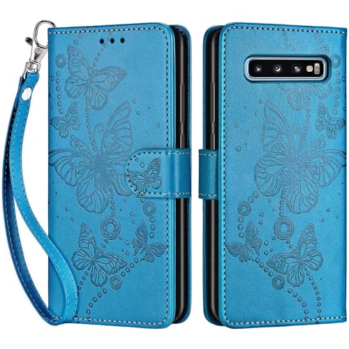 for Samsung Galaxy S10 Wallet case, Blue-Butterfly | 3 Card Holders, Kickstand, Shockproof TPU Shell, PU Leather, Magnetic Closure, Protective Flip Folio Cover, Women - color: 8