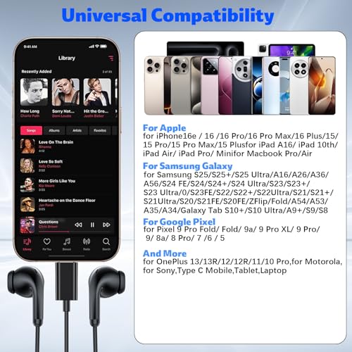 USB C Headphone for iPhone 18 Pro/17 Pro Max 16 Wired Earbuds,Black - color: Black