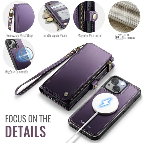 Defencase for iPhone 14 Plus Case Wallet Compatible with Magsafe, Purple | Drop-Proof Magnetic Detachable Phone Cases Cover, with RFID Bolcking Card Holder, Zipper Strap, PU Leather, Removable Wallet - color: (Detachable with Magsafe)-Purple